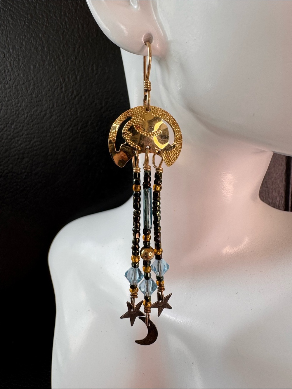 Gold and Black Beaded Dangle Earrings with Moon & Star Charms - SKU J